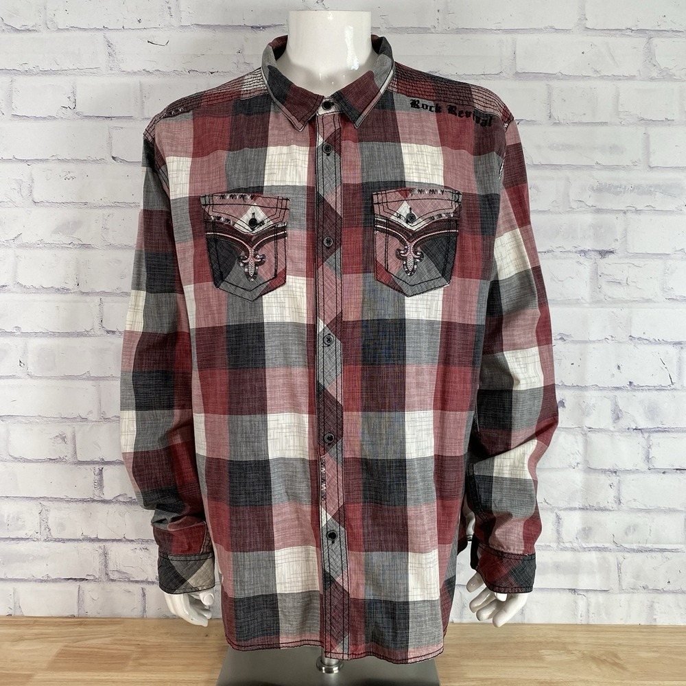 Rock Revival Shirt Men's Size 3XL SLIM Long Sleeve Pearl Snap Plaid Embroidered - Picture 2 of 16